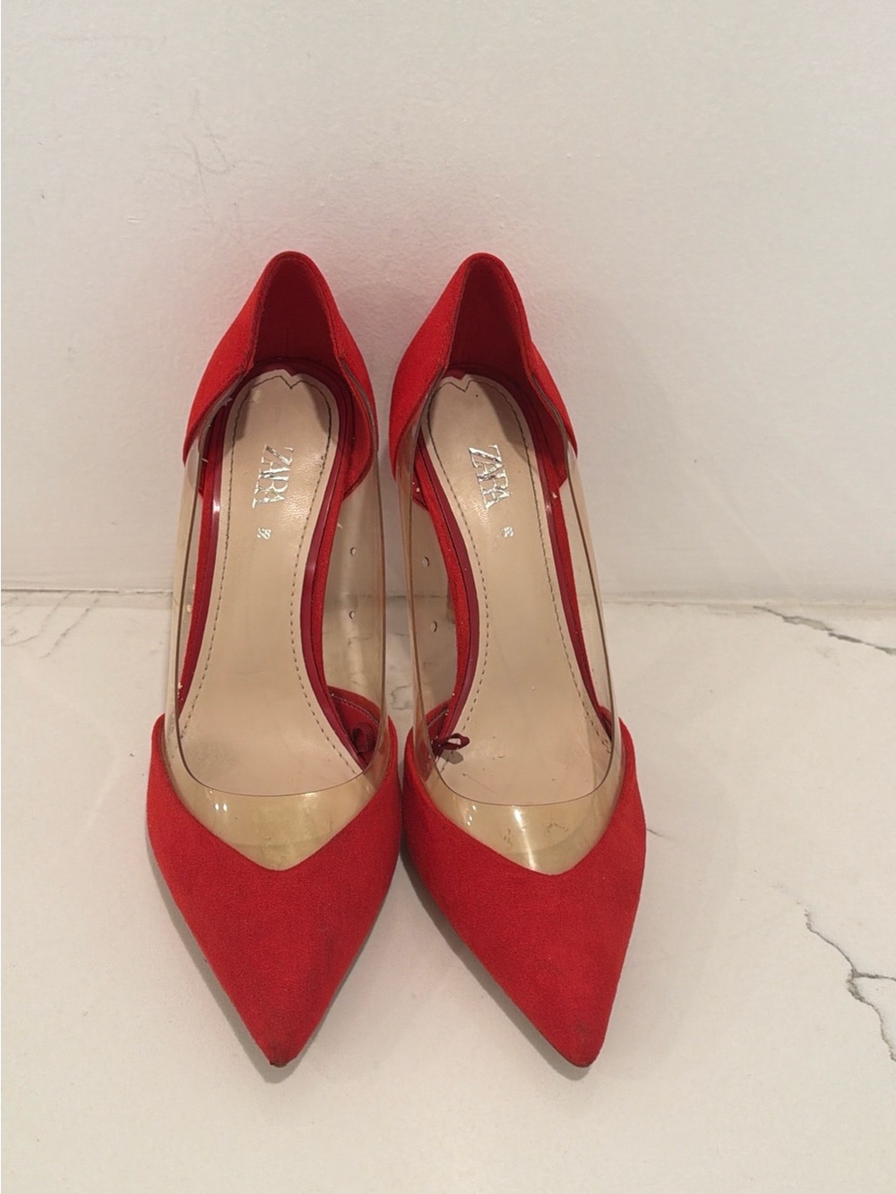 ZARA Red Suede & Clear PVC Pointed Toe Stiletto Pumps. Size 38
